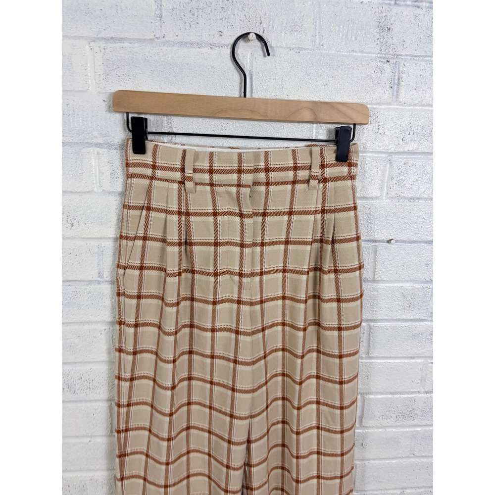 Aritzia Wilfred Trousers Womens 0 Tan Brown Plaid Pleated Wide Leg Pants - Picture 12 of 15
